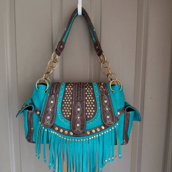 Teal and Brown Two Strap Shoulder Bag - Picture 1 of 10